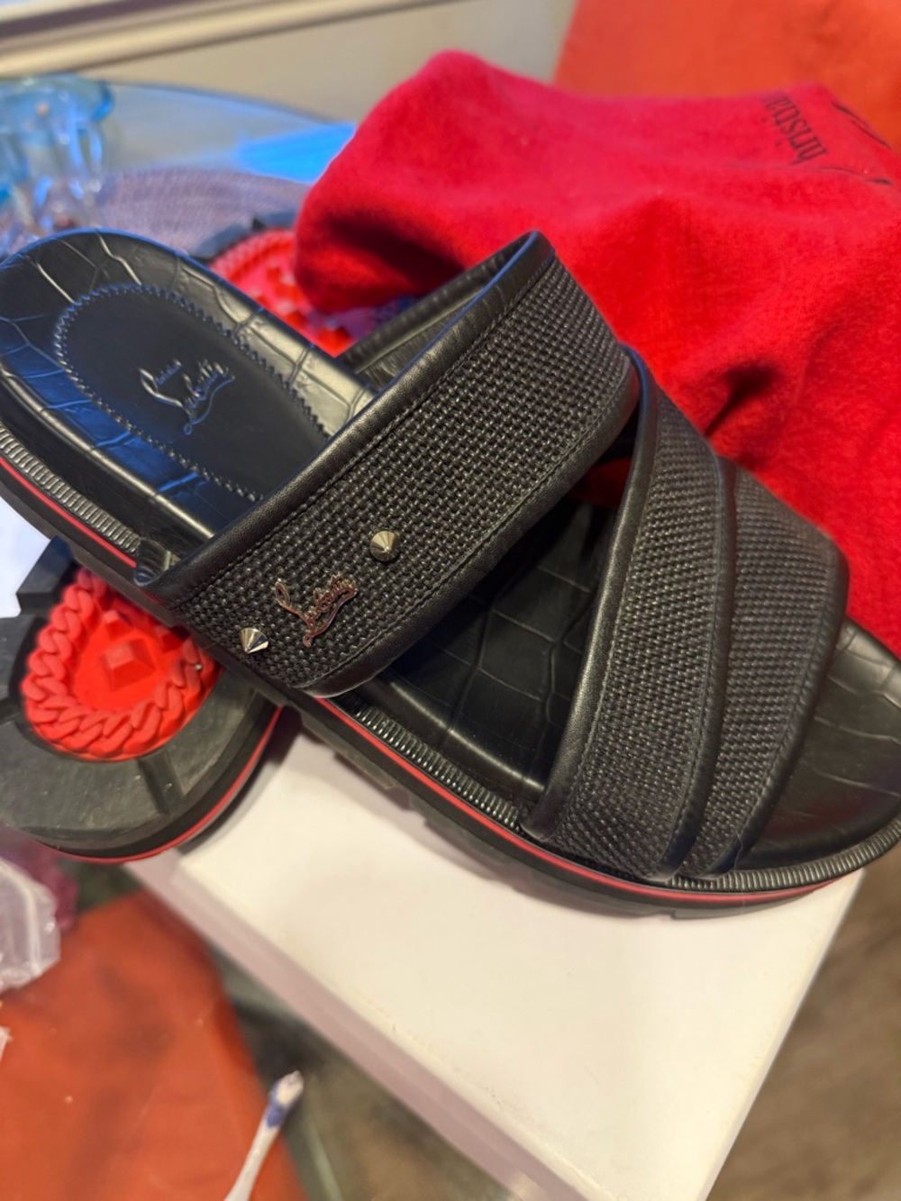 Christian Louboutin Black Men's Slide Sandals with Red Sole Trim